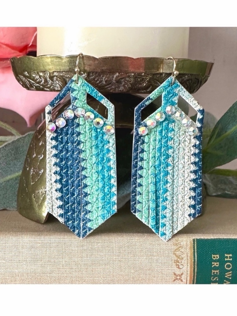 Bohemian Teal Blue Ombre Fringe Drop Earrings with Rhinestones - Women Jewelry